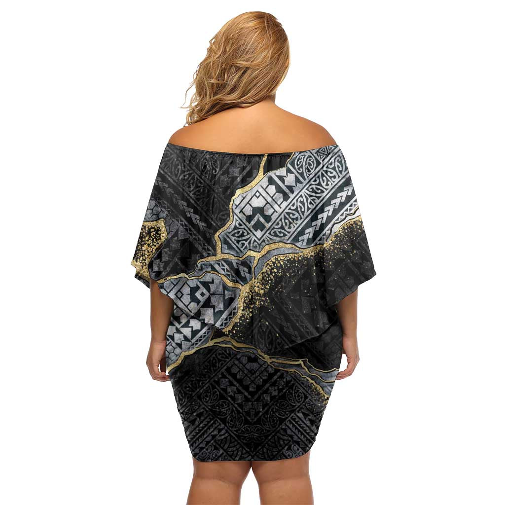 Polynesian Tribal Tattoo Off Shoulder Short Dress Dark Marble Pattern LT9 - Polynesian Pride