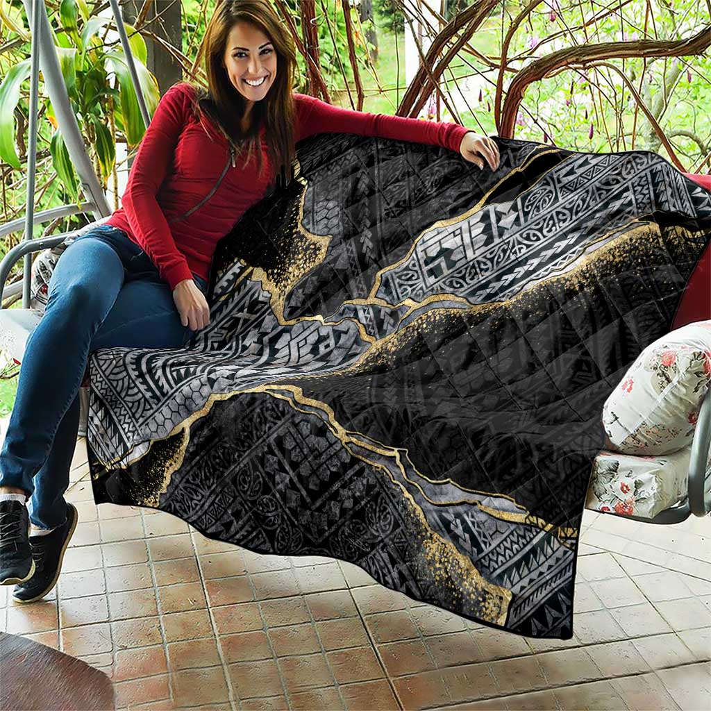 Polynesian Tribal Tattoo Quilt Dark Marble Pattern