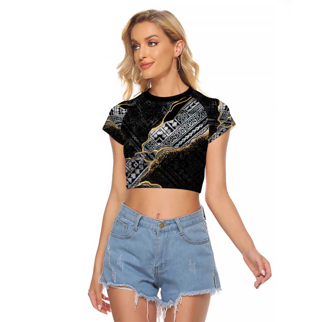 Polynesian Tribal Tattoo Raglan Cropped T Shirt Dark Marble Pattern LT9 Female Black - Polynesian Pride
