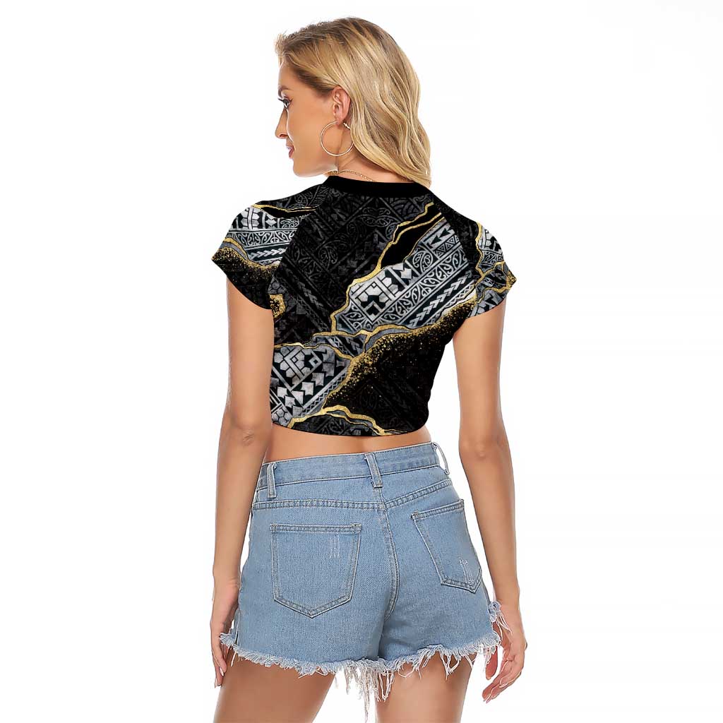 Polynesian Tribal Tattoo Raglan Cropped T Shirt Dark Marble Pattern LT9 - Polynesian Pride