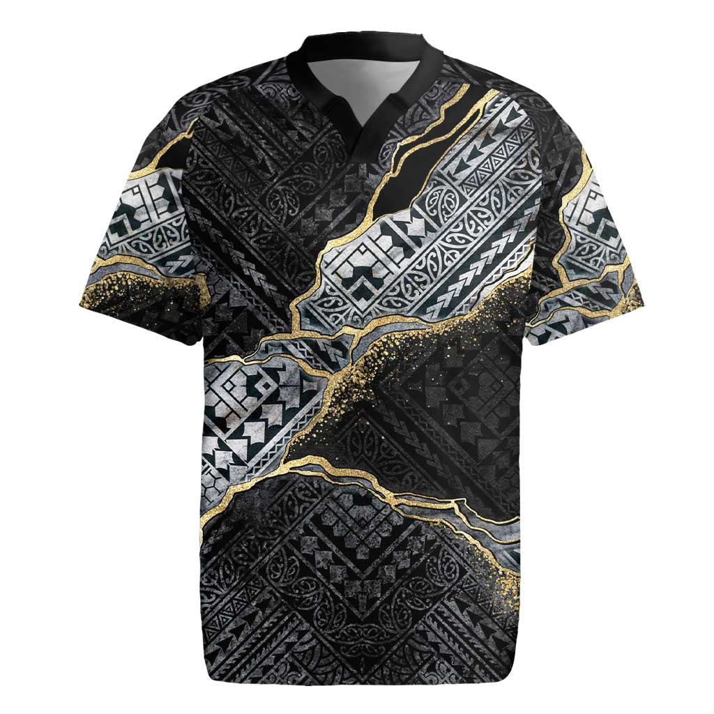 Polynesian Tribal Tattoo Rugby Jersey Dark Marble Pattern