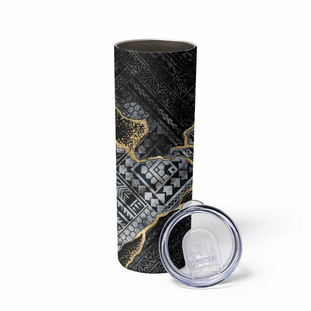 Polynesian Tribal Tattoo Skinny Tumbler Dark Marble Pattern