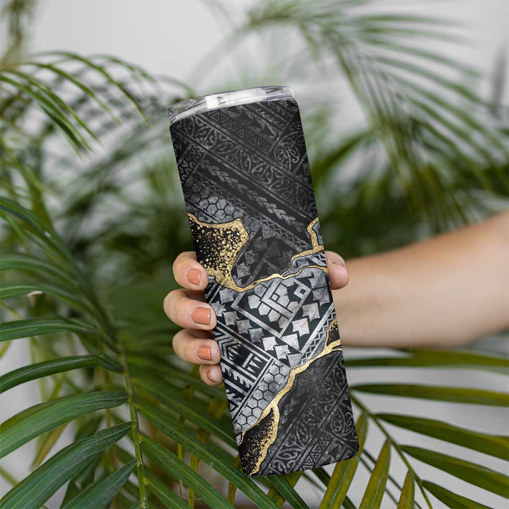 Polynesian Tribal Tattoo Skinny Tumbler Dark Marble Pattern