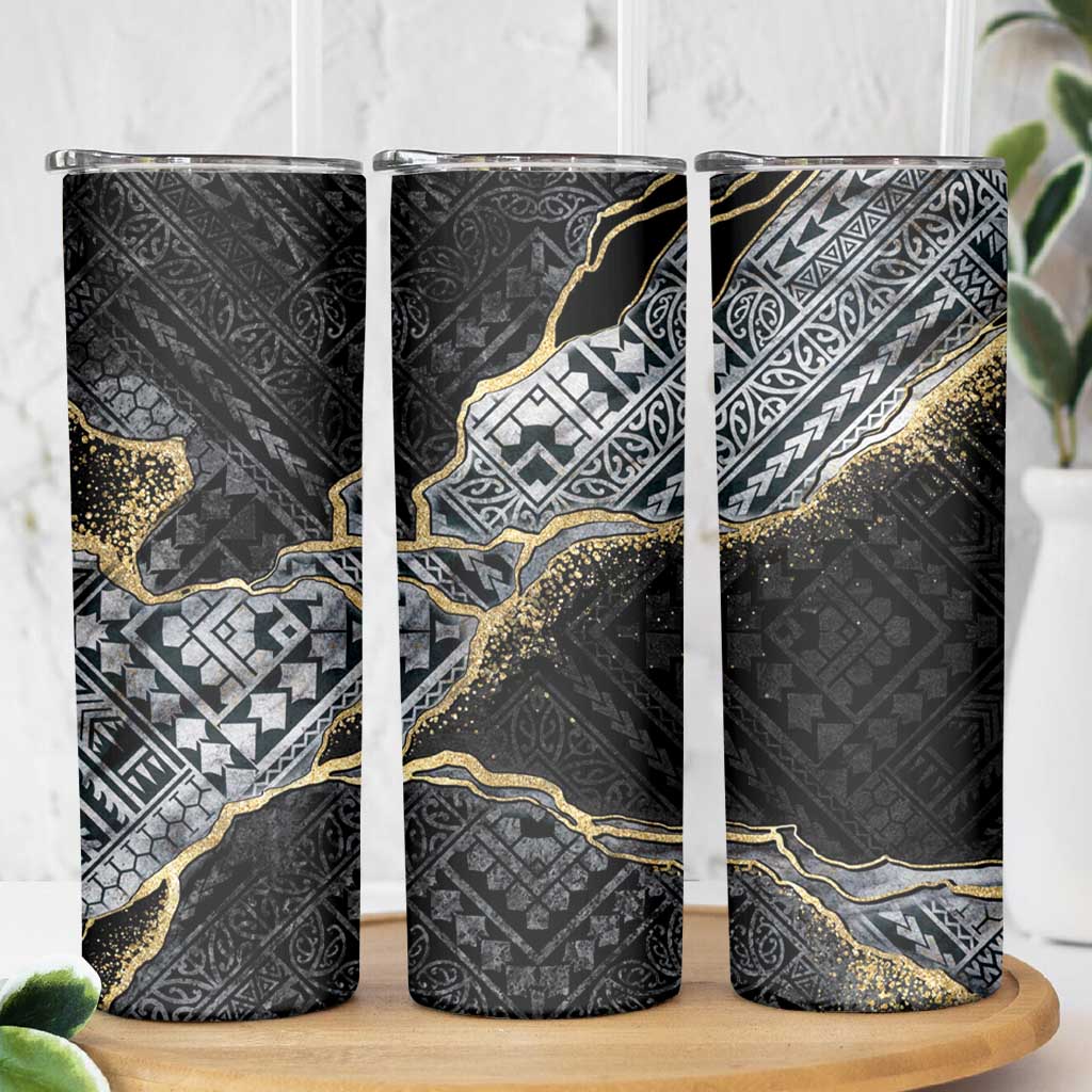 Polynesian Tribal Tattoo Skinny Tumbler Dark Marble Pattern