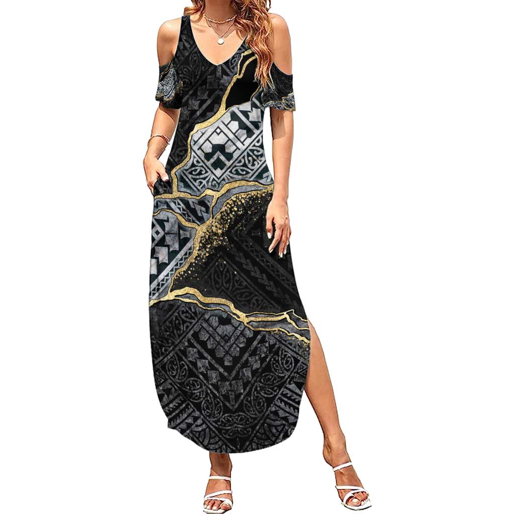 Polynesian Tribal Tattoo Summer Maxi Dress Dark Marble Pattern LT9 Women Black - Polynesian Pride