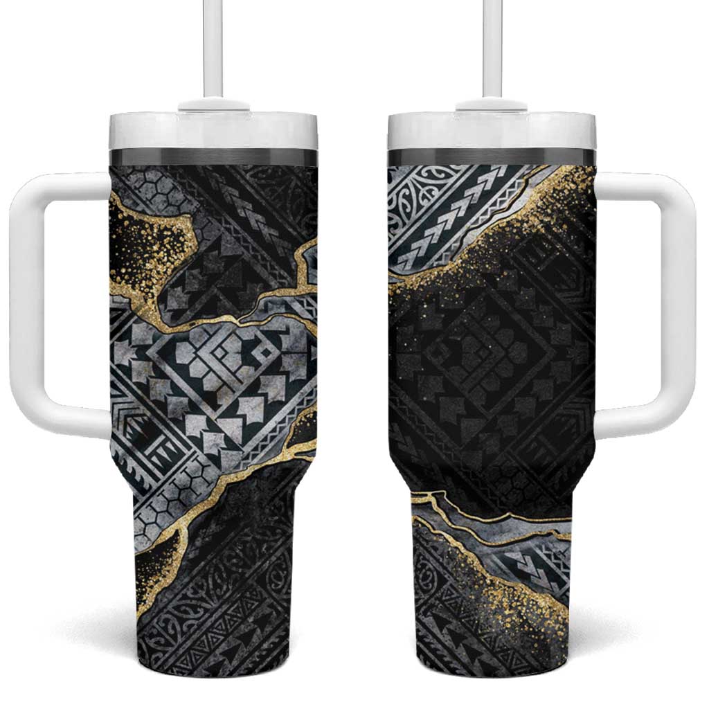 Polynesian Tribal Tattoo Tumbler With Handle Dark Marble Pattern LT9 One Size: 40 oz Black - Polynesian Pride