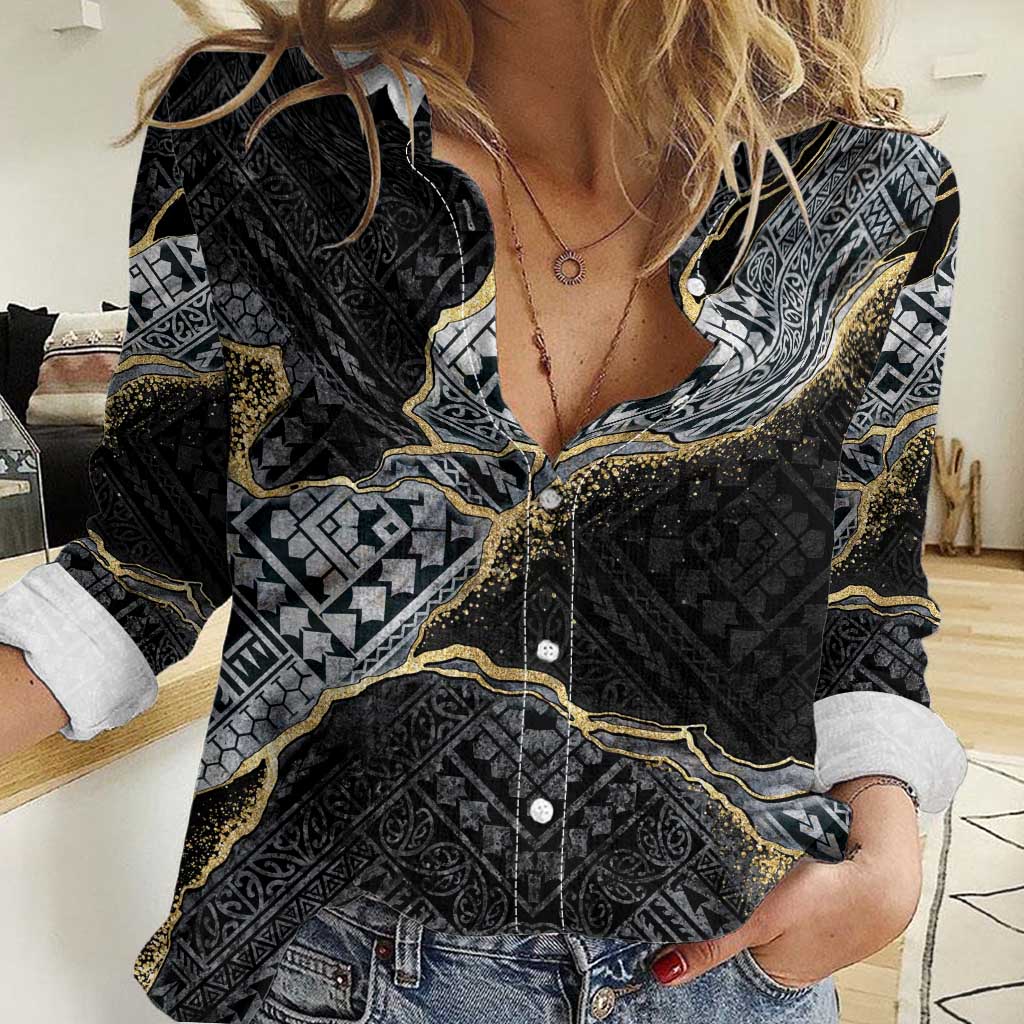 Polynesian Tribal Tattoo Women Casual Shirt Dark Marble Pattern