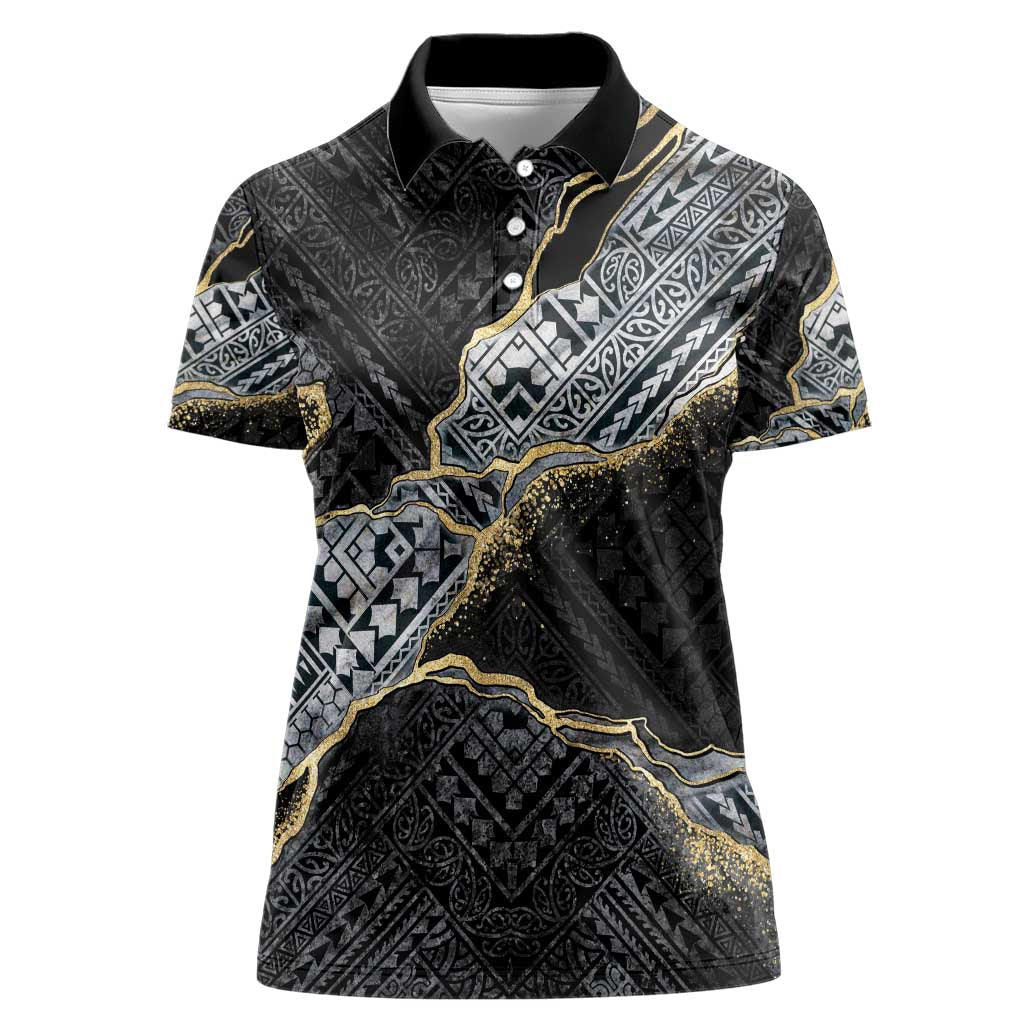 Polynesian Tribal Tattoo Women Polo Shirt Dark Marble Pattern