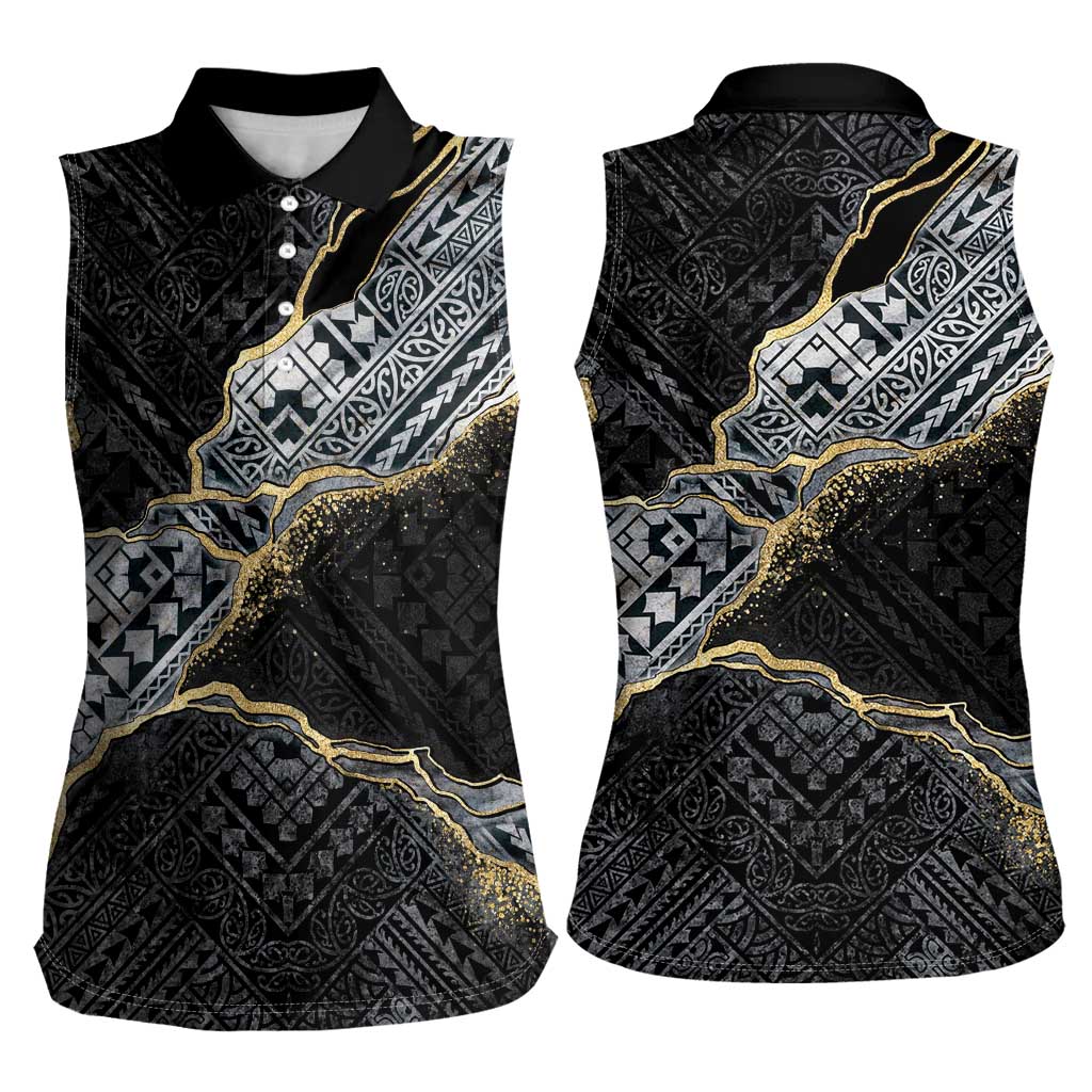 Polynesian Tribal Tattoo Women Sleeveless Polo Shirt Dark Marble Pattern