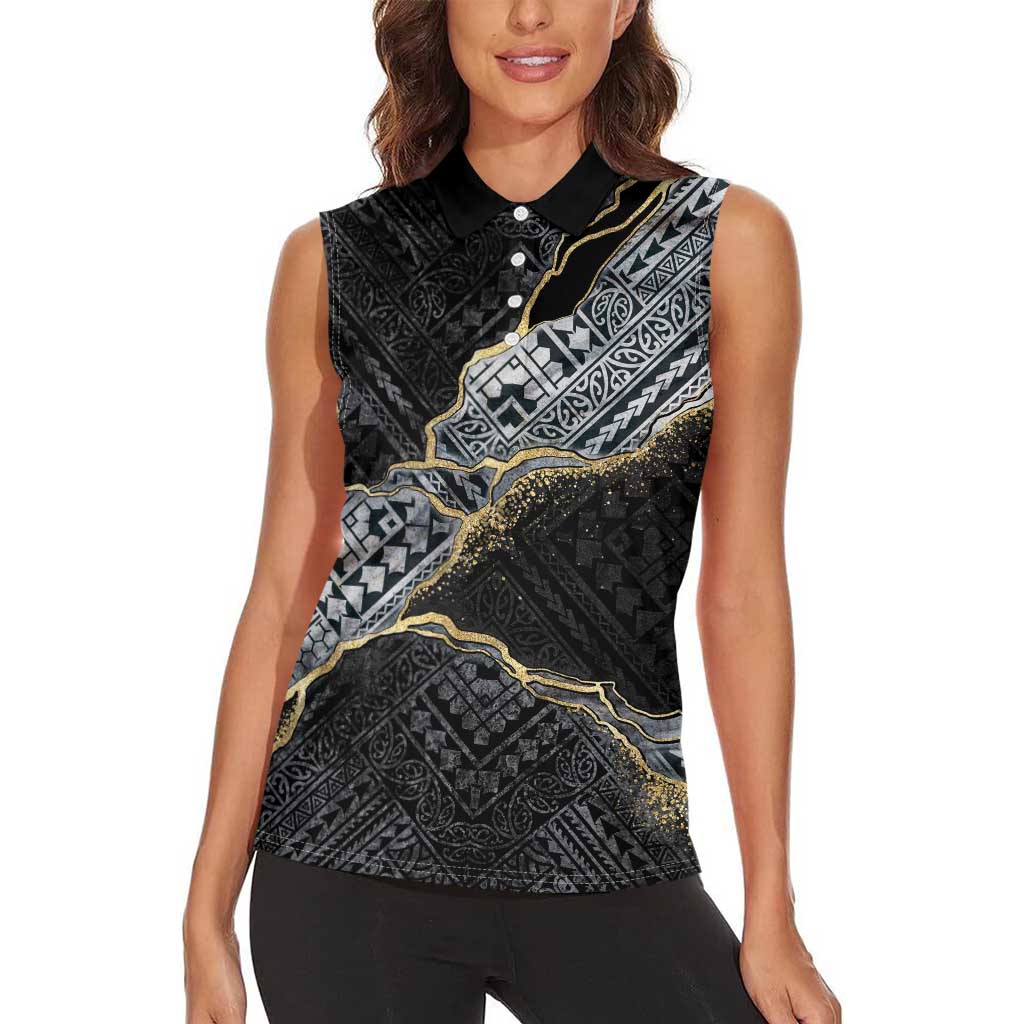 Polynesian Tribal Tattoo Women Sleeveless Polo Shirt Dark Marble Pattern