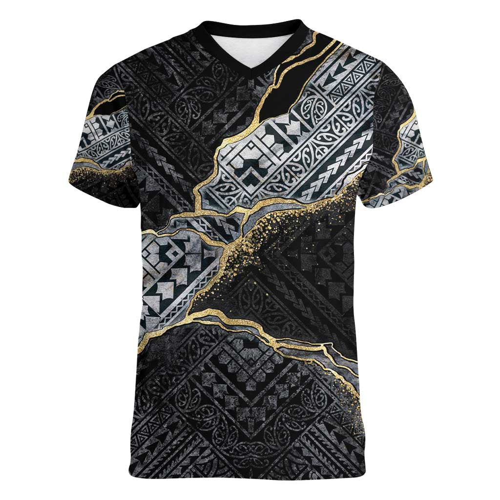 Polynesian Tribal Tattoo Women V-Neck T-Shirt Dark Marble Pattern LT9 Female Black - Polynesian Pride