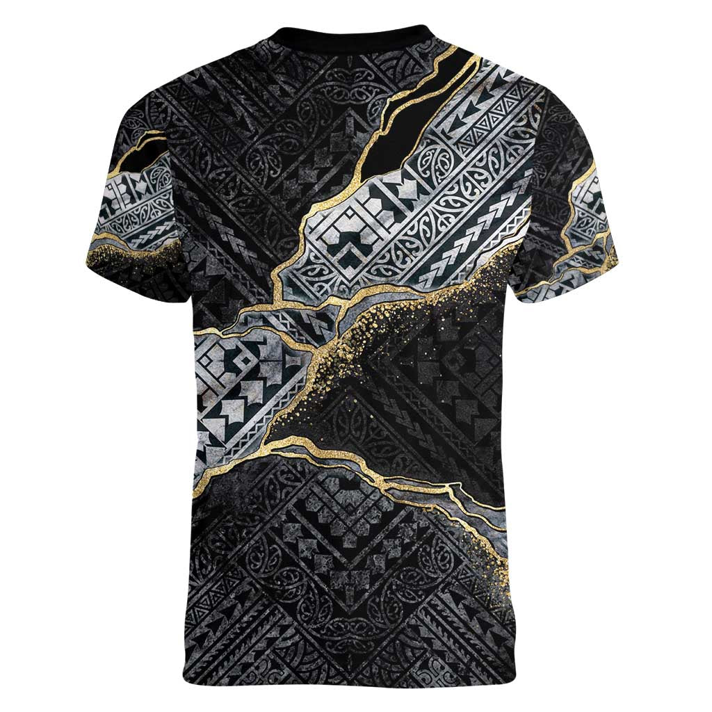 Polynesian Tribal Tattoo Women V-Neck T-Shirt Dark Marble Pattern LT9 - Polynesian Pride