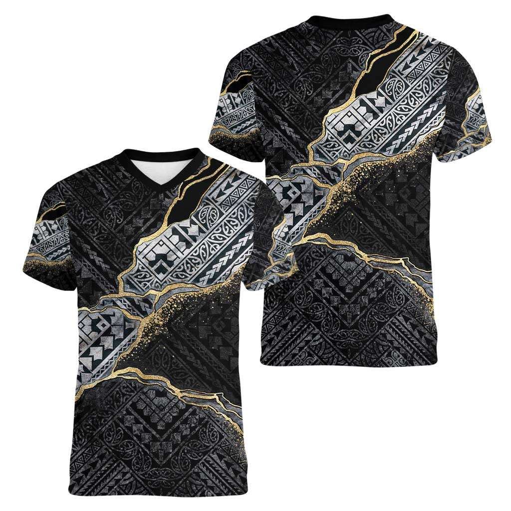 Polynesian Tribal Tattoo Women V-Neck T-Shirt Dark Marble Pattern LT9 - Polynesian Pride