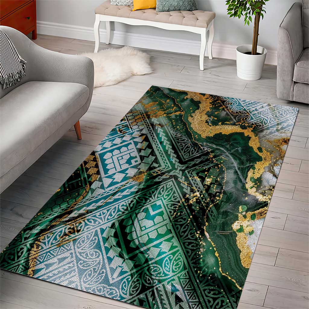 Polynesian Tribal Tattoo Area Rug Green Marble Pattern