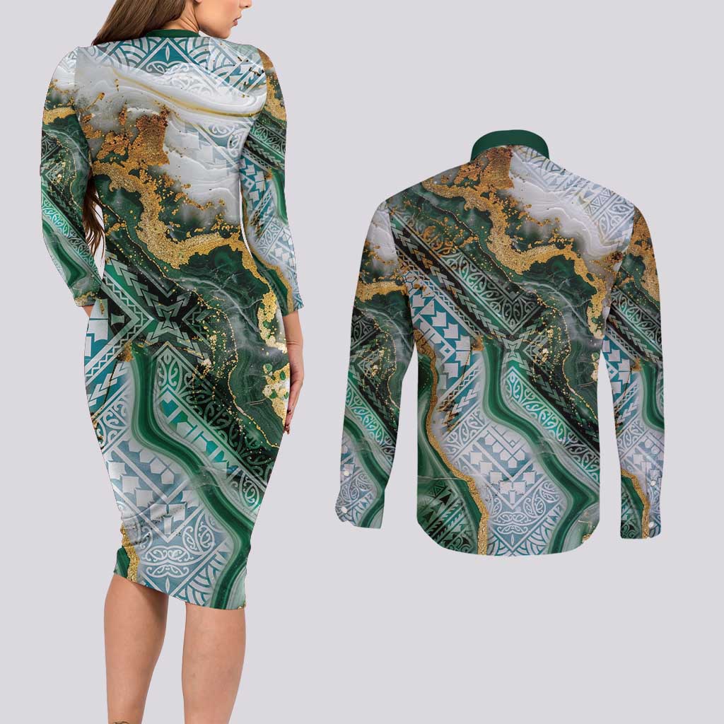 Polynesian Tribal Tattoo Couples Matching Long Sleeve Bodycon Dress and Long Sleeve Button Shirt Green Marble Pattern