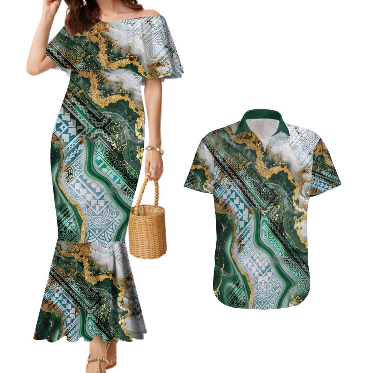 Polynesian Tribal Tattoo Couples Matching Mermaid Dress and Hawaiian Shirt Green Marble Pattern LT9 Green - Polynesian Pride