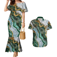 Polynesian Tribal Tattoo Couples Matching Mermaid Dress and Hawaiian Shirt Green Marble Pattern LT9 Green - Polynesian Pride