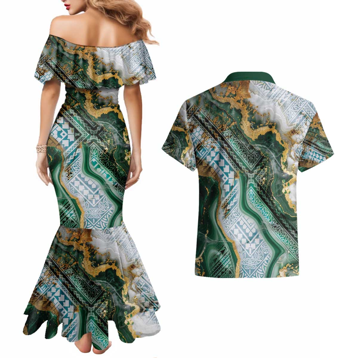 Polynesian Tribal Tattoo Couples Matching Mermaid Dress and Hawaiian Shirt Green Marble Pattern LT9 - Polynesian Pride