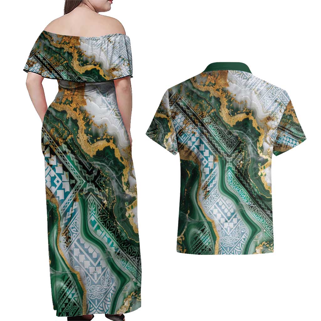 Polynesian Tribal Tattoo Couples Matching Off Shoulder Maxi Dress and Hawaiian Shirt Green Marble Pattern LT9 - Polynesian Pride