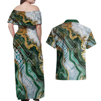 Polynesian Tribal Tattoo Couples Matching Off Shoulder Maxi Dress and Hawaiian Shirt Green Marble Pattern LT9 - Polynesian Pride