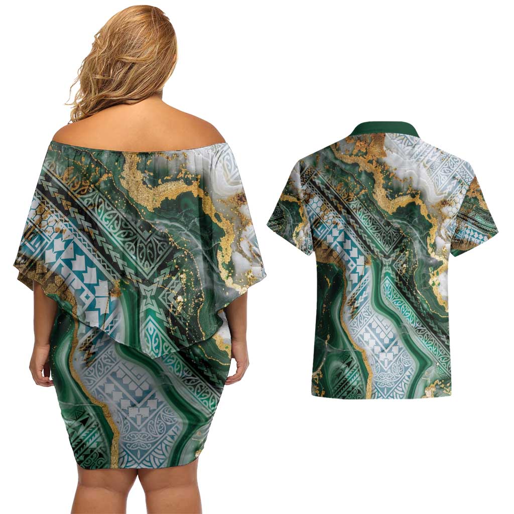 Polynesian Tribal Tattoo Couples Matching Off Shoulder Short Dress and Hawaiian Shirt Green Marble Pattern LT9 - Polynesian Pride