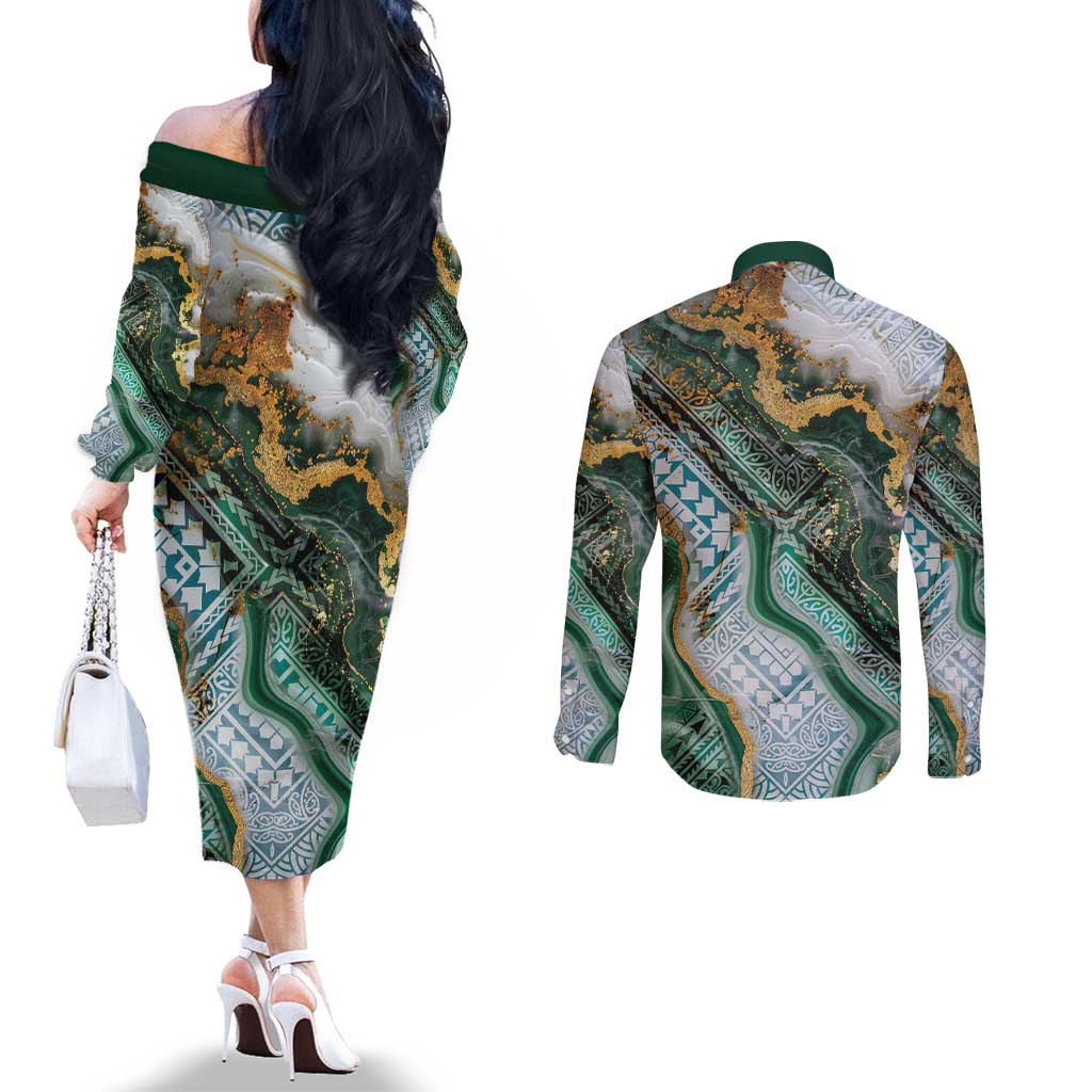 Polynesian Tribal Tattoo Couples Matching Off The Shoulder Long Sleeve Dress and Long Sleeve Button Shirt Green Marble Pattern LT9 - Polynesian Pride