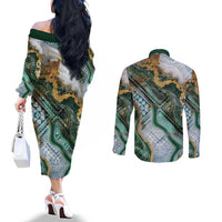 Polynesian Tribal Tattoo Couples Matching Off The Shoulder Long Sleeve Dress and Long Sleeve Button Shirt Green Marble Pattern LT9 - Polynesian Pride