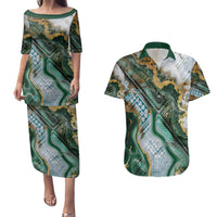 Polynesian Tribal Tattoo Couples Matching Puletasi and Hawaiian Shirt Green Marble Pattern LT9 Green - Polynesian Pride