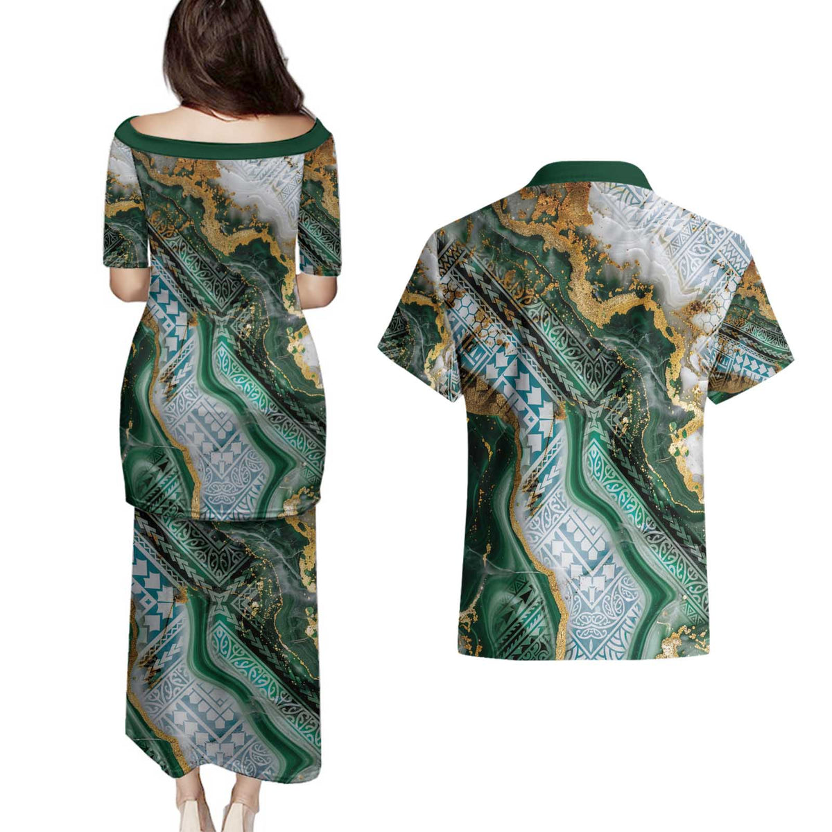 Polynesian Tribal Tattoo Couples Matching Puletasi and Hawaiian Shirt Green Marble Pattern LT9 - Polynesian Pride