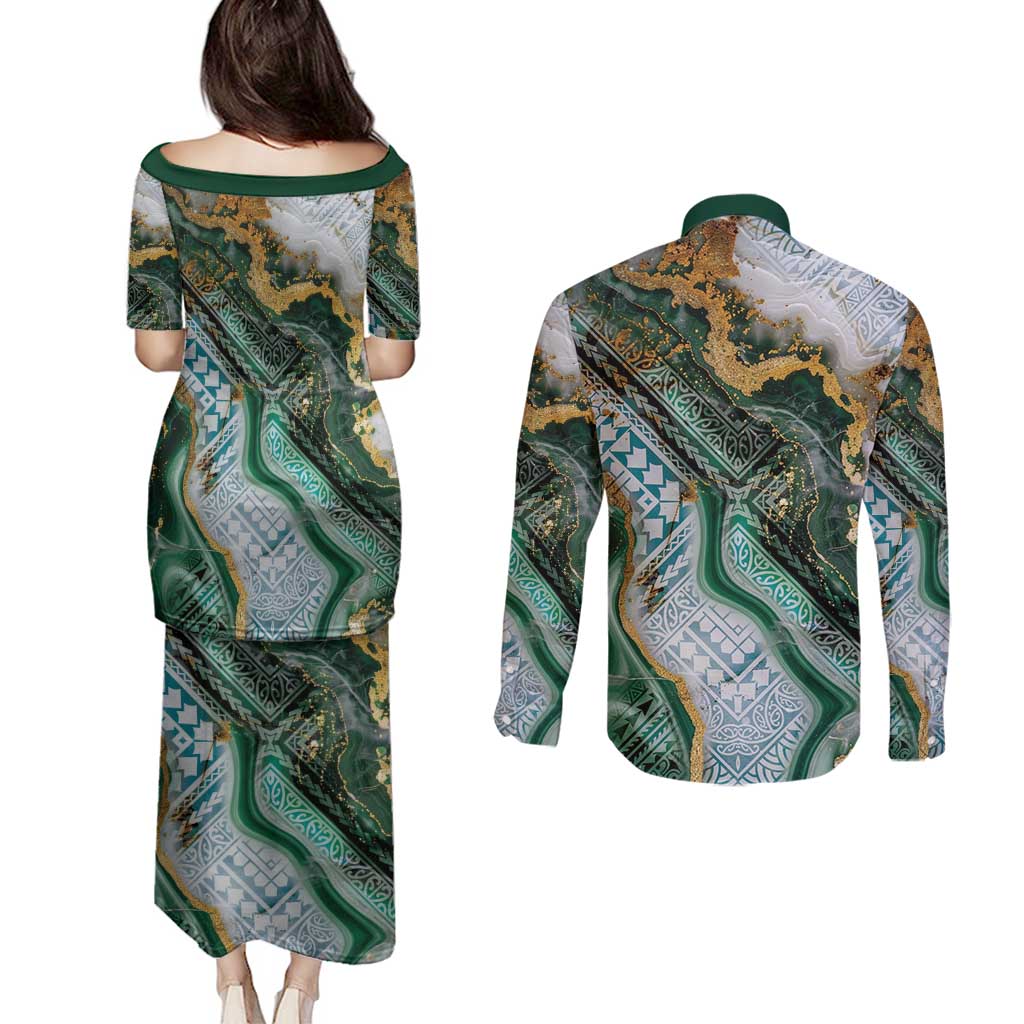 Polynesian Tribal Tattoo Couples Matching Puletasi and Long Sleeve Button Shirt Green Marble Pattern LT9 - Polynesian Pride