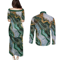 Polynesian Tribal Tattoo Couples Matching Puletasi and Long Sleeve Button Shirt Green Marble Pattern LT9 - Polynesian Pride