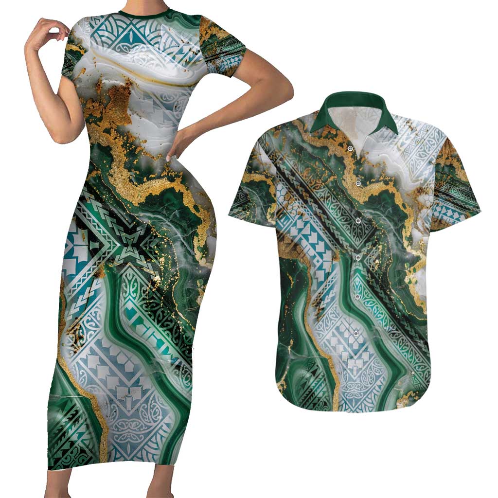 Polynesian Tribal Tattoo Couples Matching Short Sleeve Bodycon Dress and Hawaiian Shirt Green Marble Pattern LT9 Green - Polynesian Pride