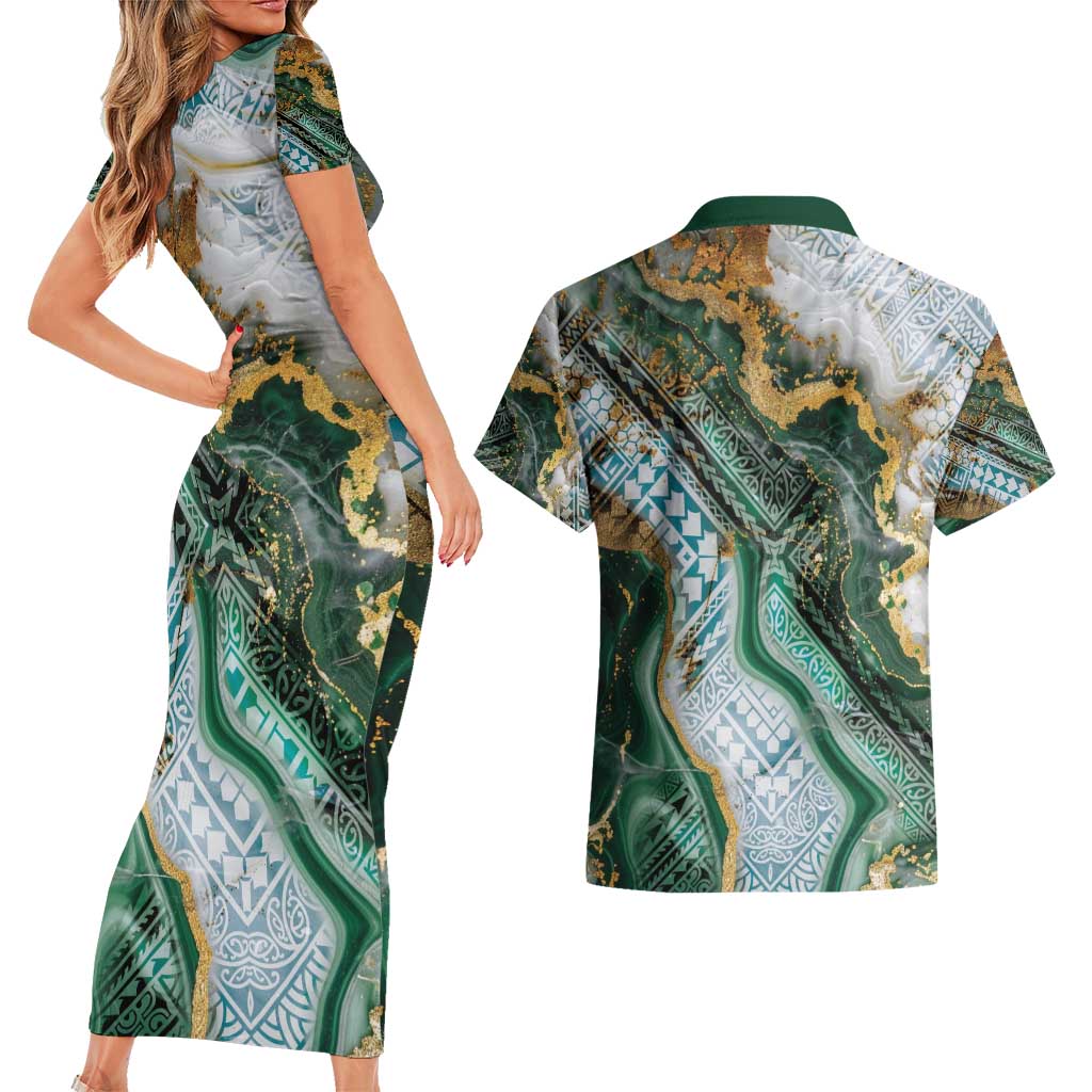 Polynesian Tribal Tattoo Couples Matching Short Sleeve Bodycon Dress and Hawaiian Shirt Green Marble Pattern LT9 - Polynesian Pride