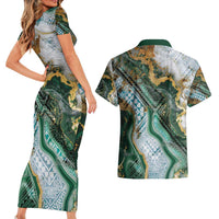 Polynesian Tribal Tattoo Couples Matching Short Sleeve Bodycon Dress and Hawaiian Shirt Green Marble Pattern LT9 - Polynesian Pride