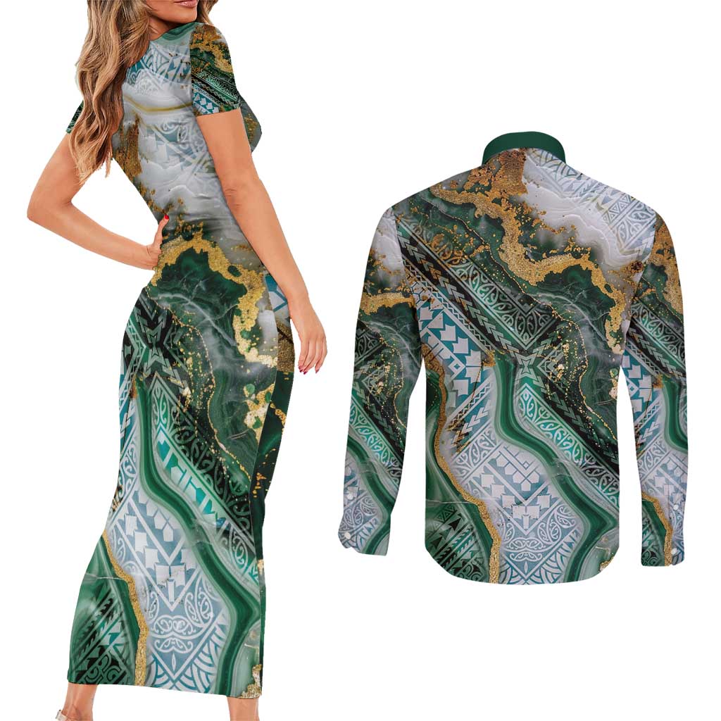 Polynesian Tribal Tattoo Couples Matching Short Sleeve Bodycon Dress and Long Sleeve Button Shirt Green Marble Pattern LT9 - Polynesian Pride