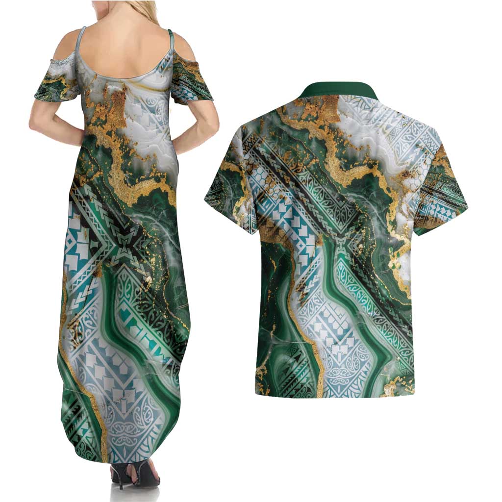 Polynesian Tribal Tattoo Couples Matching Summer Maxi Dress and Hawaiian Shirt Green Marble Pattern LT9 - Polynesian Pride