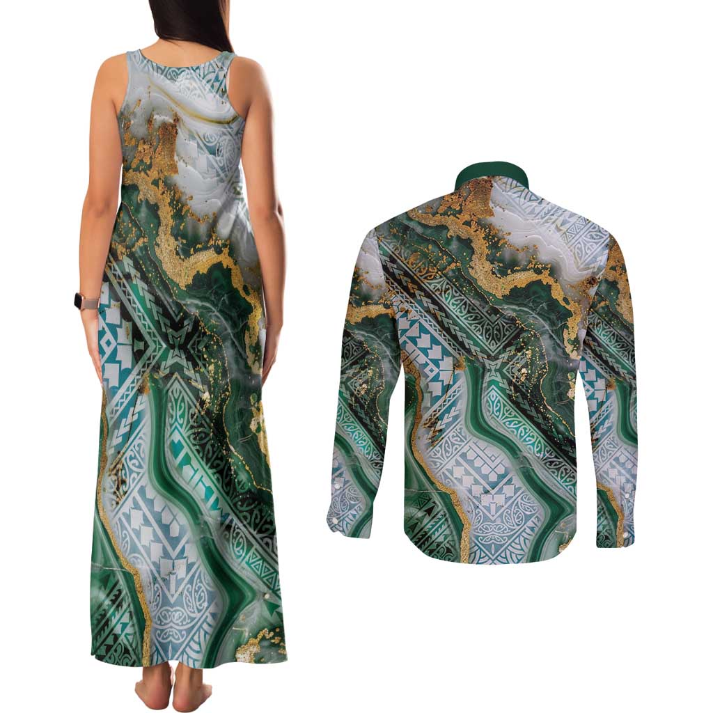 Polynesian Tribal Tattoo Couples Matching Tank Maxi Dress and Long Sleeve Button Shirt Green Marble Pattern LT9 - Polynesian Pride