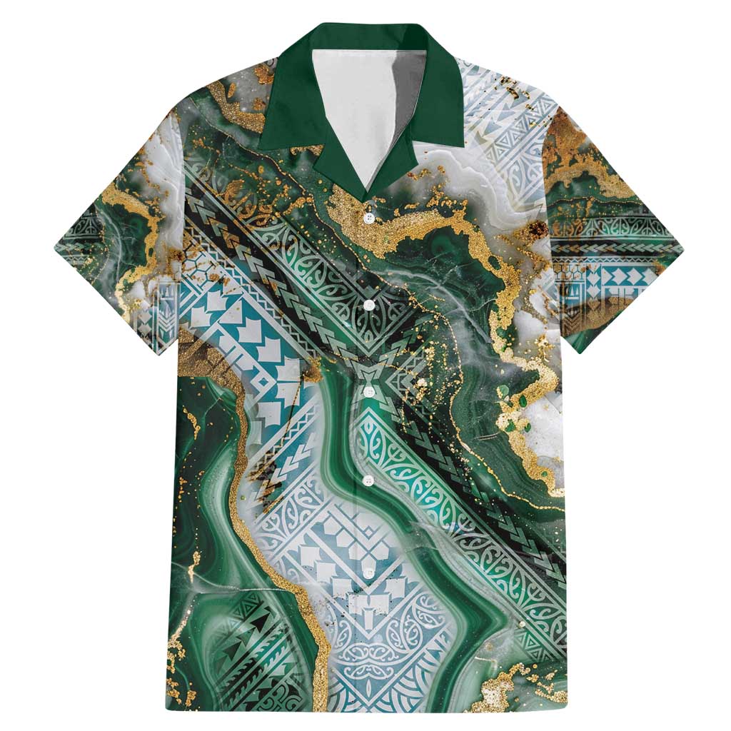 Polynesian Tribal Tattoo Family Matching Mermaid Dress and Hawaiian Shirt Green Marble Pattern