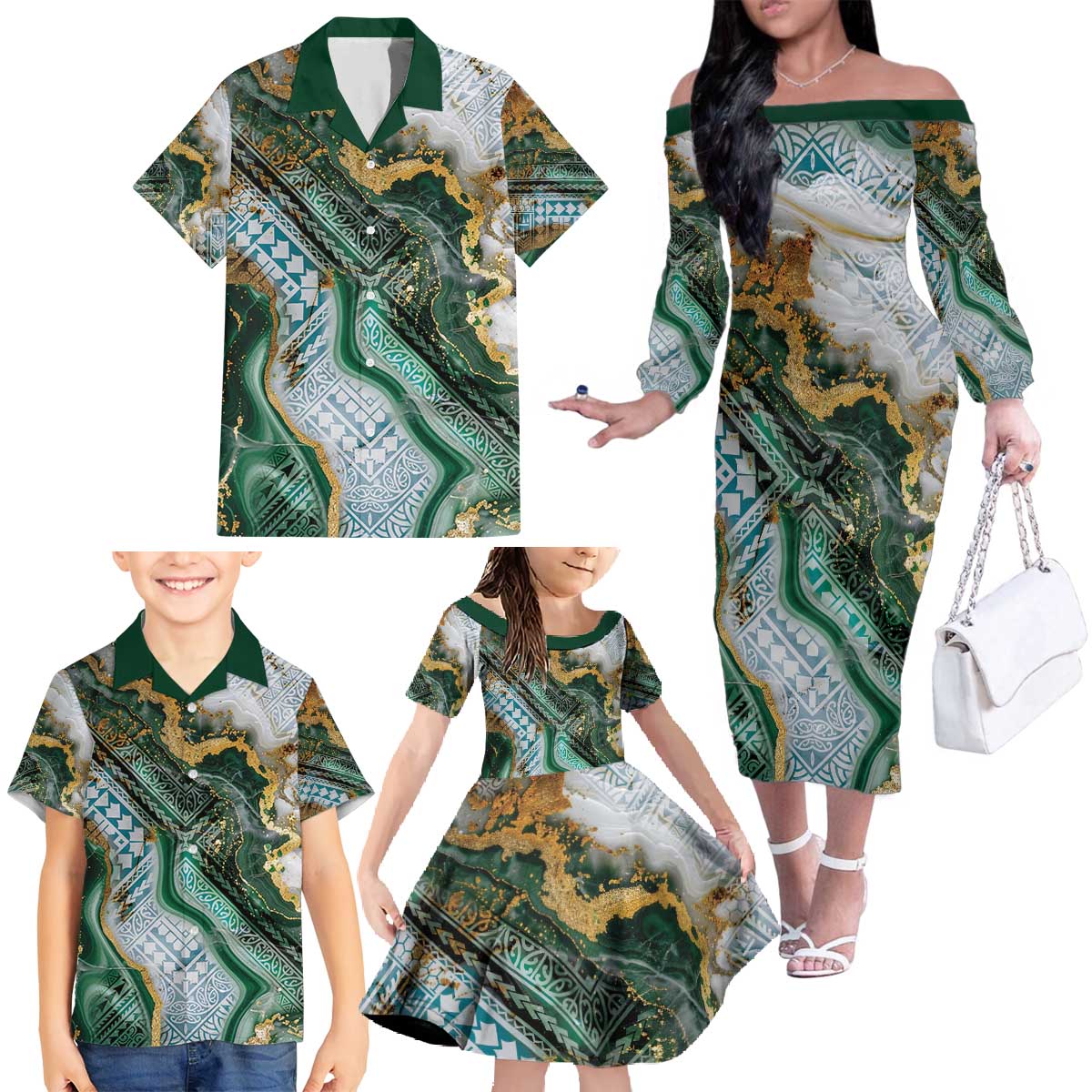 Polynesian Tribal Tattoo Family Matching Off The Shoulder Long Sleeve Dress and Hawaiian Shirt Green Marble Pattern