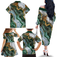 Polynesian Tribal Tattoo Family Matching Off The Shoulder Long Sleeve Dress and Hawaiian Shirt Green Marble Pattern