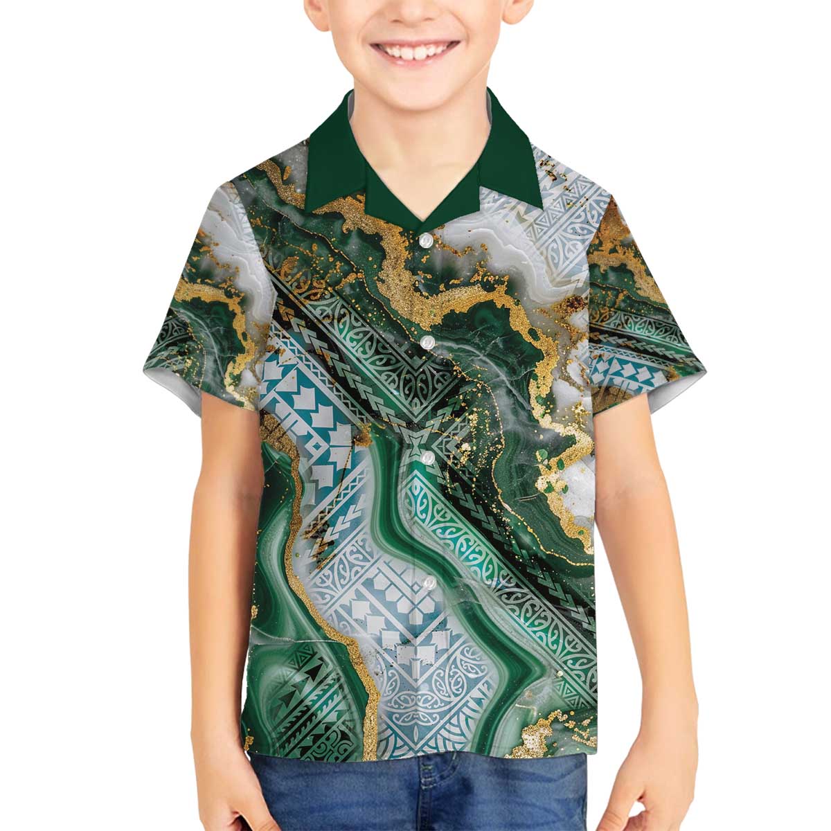 Polynesian Tribal Tattoo Family Matching Off The Shoulder Long Sleeve Dress and Hawaiian Shirt Green Marble Pattern