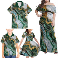Polynesian Tribal Tattoo Family Matching Off Shoulder Maxi Dress and Hawaiian Shirt Green Marble Pattern