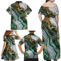 Polynesian Tribal Tattoo Family Matching Off Shoulder Maxi Dress and Hawaiian Shirt Green Marble Pattern