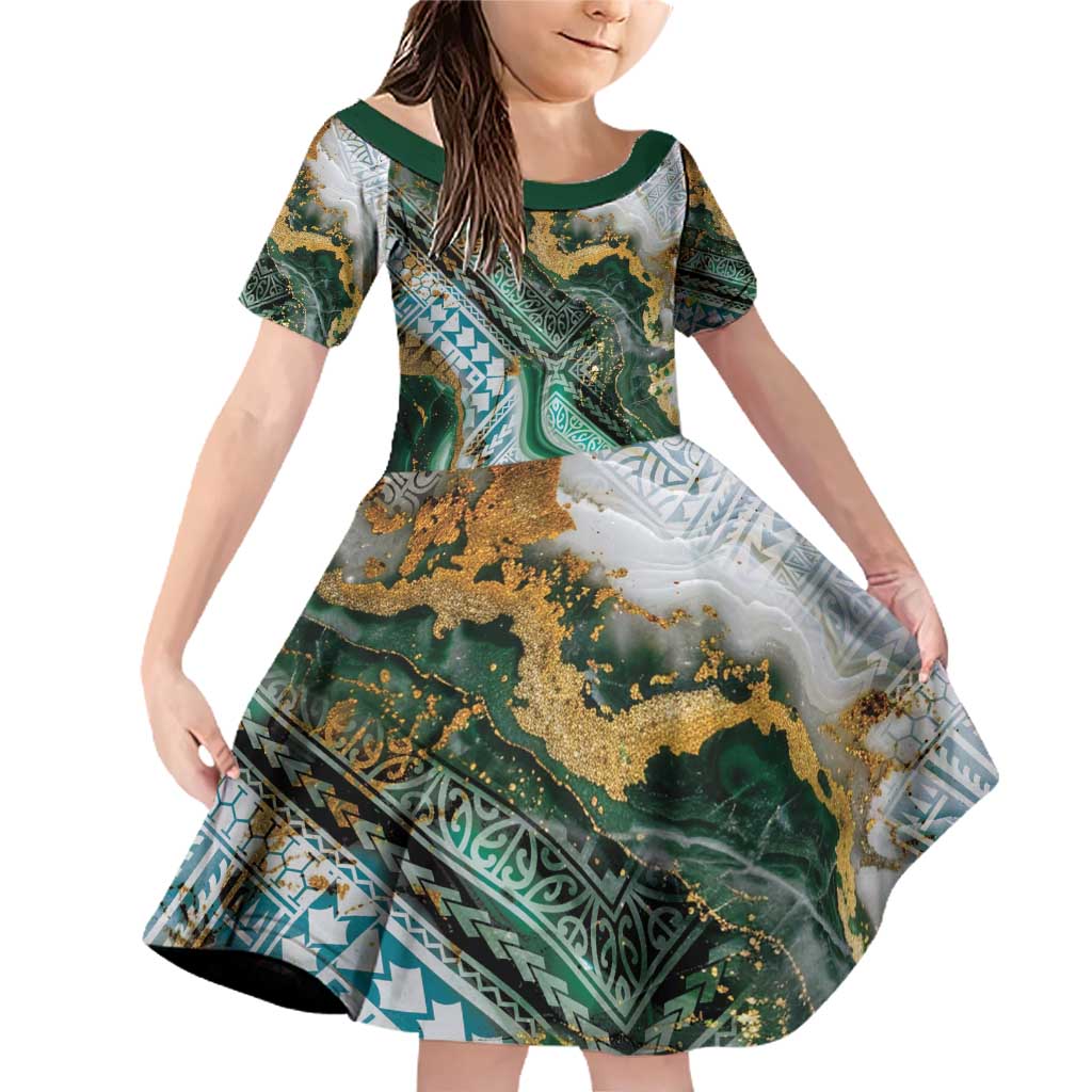 Polynesian Tribal Tattoo Family Matching Off Shoulder Short Dress and Hawaiian Shirt Green Marble Pattern