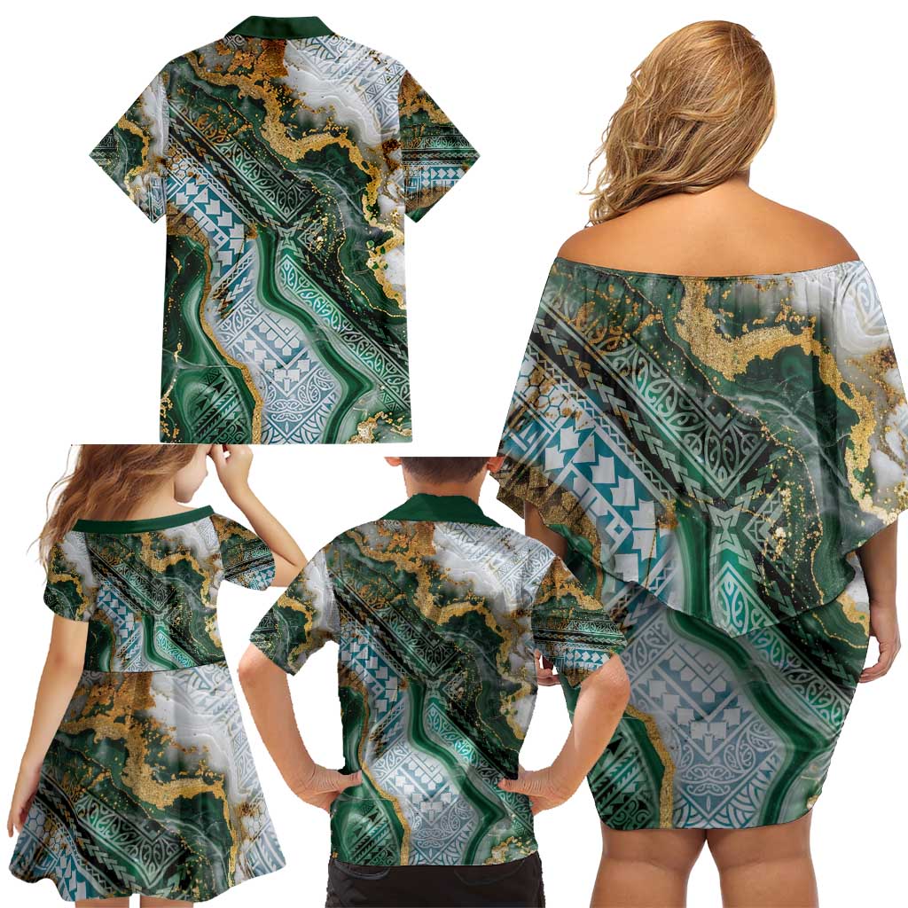 Polynesian Tribal Tattoo Family Matching Off Shoulder Short Dress and Hawaiian Shirt Green Marble Pattern