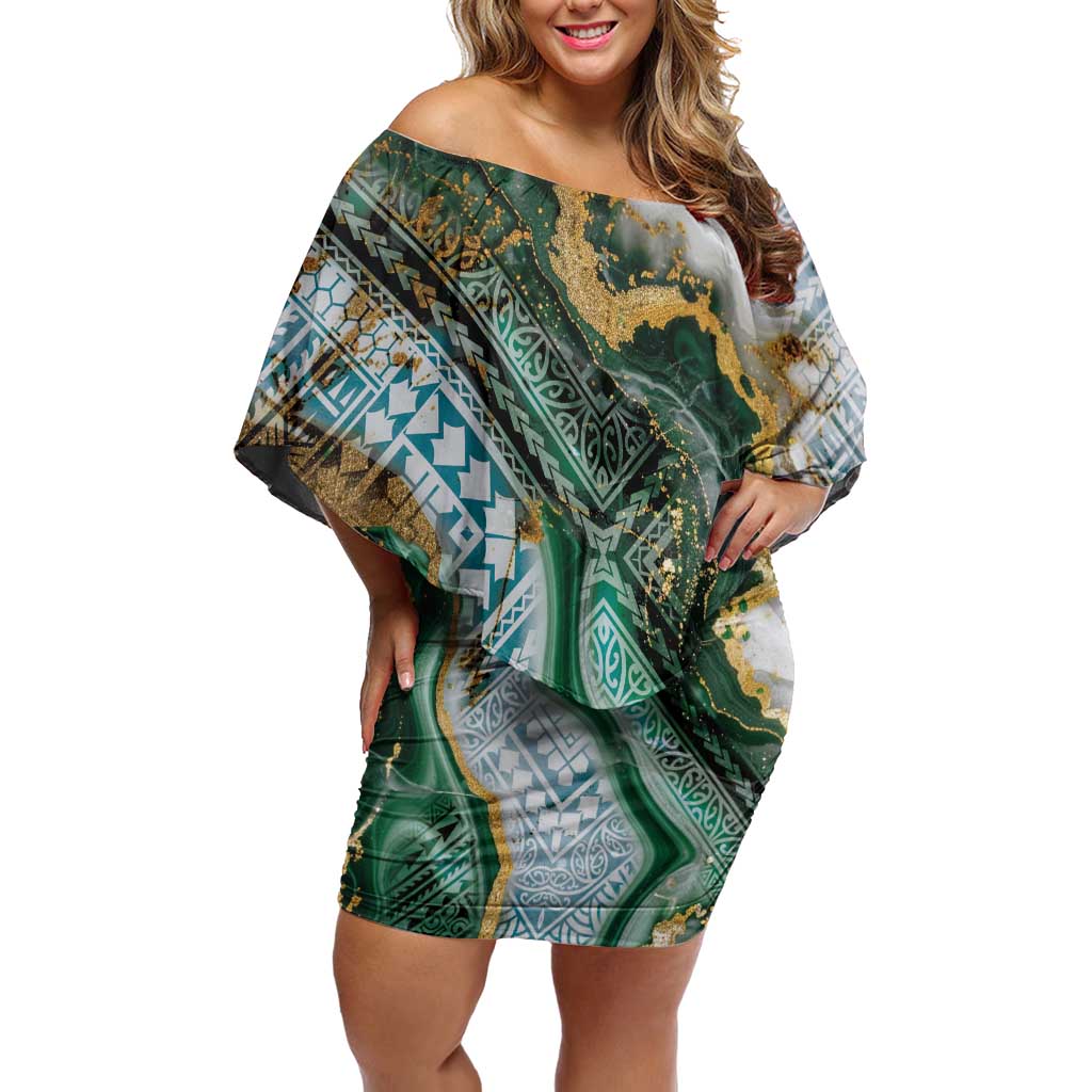 Polynesian Tribal Tattoo Family Matching Off Shoulder Short Dress and Hawaiian Shirt Green Marble Pattern