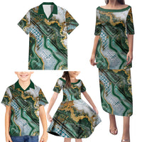 Polynesian Tribal Tattoo Family Matching Puletasi and Hawaiian Shirt Green Marble Pattern