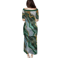 Polynesian Tribal Tattoo Family Matching Puletasi and Hawaiian Shirt Green Marble Pattern