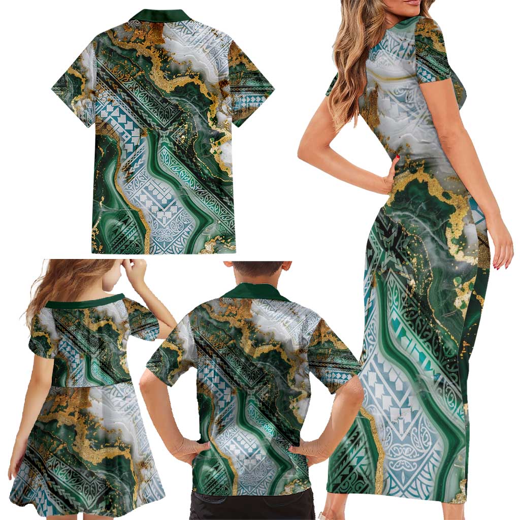 Polynesian Tribal Tattoo Family Matching Short Sleeve Bodycon Dress and Hawaiian Shirt Green Marble Pattern