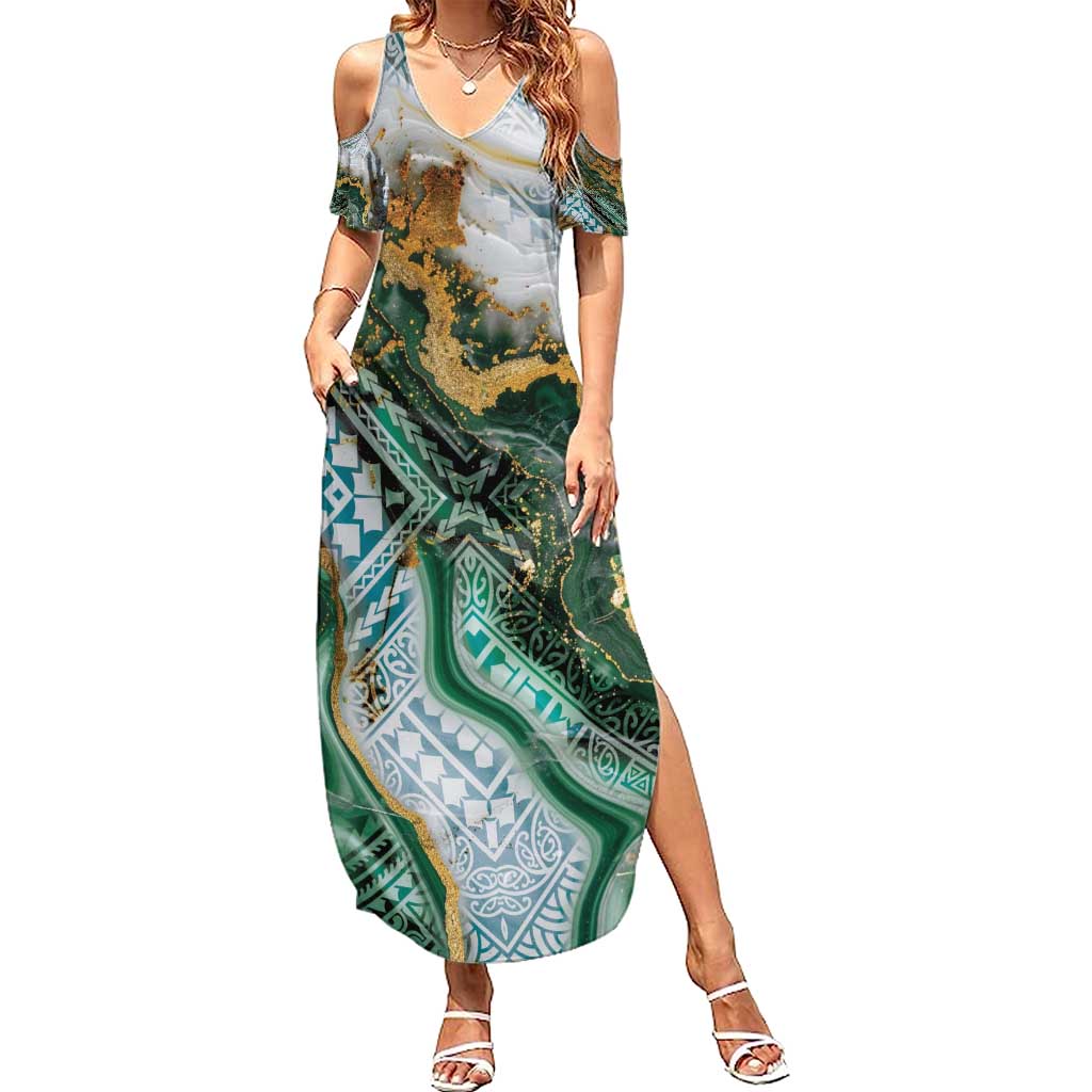 Polynesian Tribal Tattoo Family Matching Summer Maxi Dress and Hawaiian Shirt Green Marble Pattern